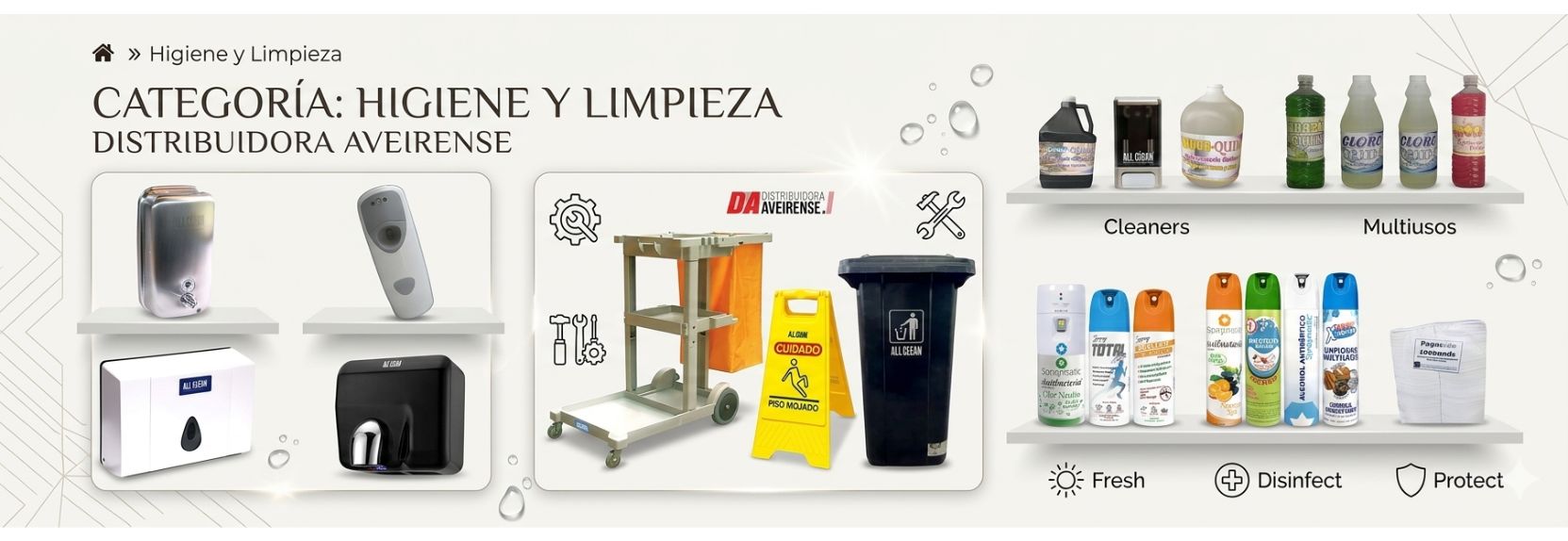 Mantén tus espacios impecables, seguros y normados con nuestra línea integral de Higiene y Limpieza de Distribuidora Aveirense. Ofrecemos un catálogo completo diseñado para cubrir las altas exigencias del sector comercial, institucional e industrial. Desde sistemas de dispensación automática hasta equipos de mantenimiento y químicos especializados de alto rendimiento; garantizamos soluciones eficientes que protegen la salud de tu equipo y clientes.